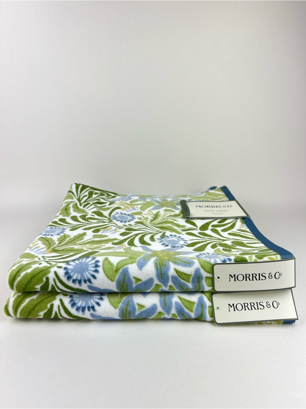 William Morris Bath Towels Floral Blue Green White Soft Velour Cotton 2 Pc NEW